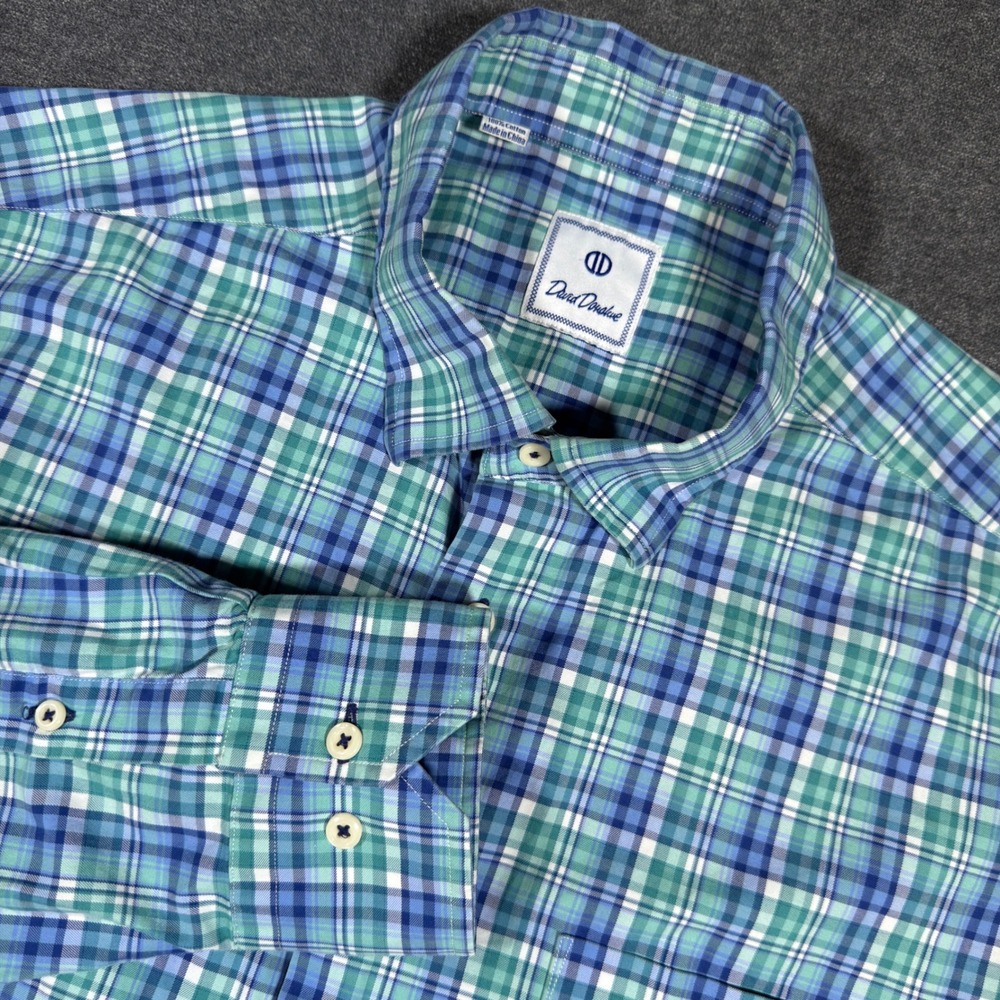 David Donahue Button Up Shirt Mens XL Blue Green Plaid Long Sleeve Cotton Preppy